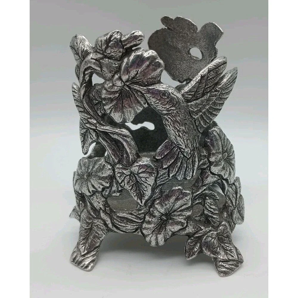 VTG 90s Carson Pewter Hummingbird Jar Candle Holder Yankee Candle Flowers 1996